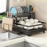Dish Drying Rack 2-Tier Auto Draining for Kitchen Counter &amp; Sink, Black | Detachable Stainless Steel Organizer, Drainboard &amp; Utensil Holder, Chaos Coordinator Gifts