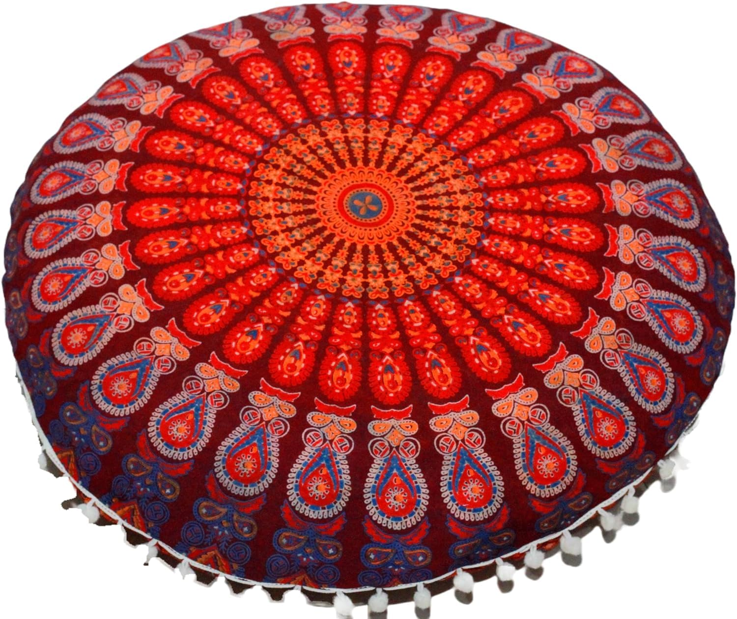 32" Mandala Large Floor Pillow Cover Meditation Cushion Seating Throw Hippie Round Colourful Decorative Bohemian Accent Boho Chic dog bed Indian Pouf Ottoman Handmade COVER ONLY (Peacock-Orange)