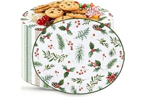 MERRIVA 50 Pcs 12 Inch Oval Christmas Paper Plates – Disposable Holiday Dinner Plates with Holly, Pine, Berries, and Poinsettia Design for Xmas Winter Gathering, Seasonal Table Decorations Party Supplies