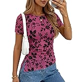 ZESICA Women's Summer Floral Short Sleeve Tops 2026 Mesh Crewneck Asymmetrical Ruched Fitted Going Out Shirts Y2K Clothes