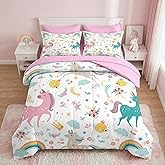 Nesker 5 Pcs Comforter Set Twin Size, Cute Colorful Unicorns Bedding Set for Kids Teen, Cloud Rainbow Bed Sheet with Pillowcase & Sham