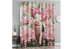 Cute Pig Curtains for Living Room - Pink Flower Curtains Blackout 84 Inch Long, Farm Animal Bedroom Decor, Thermal Insulated 