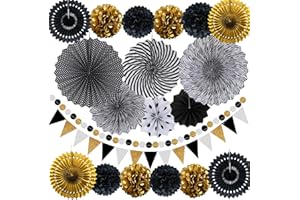 LRCXL Party Decorations, Black and Gold Hanging Paper Fans, Pom Poms Flowers, Pennant, Garland String, Banner for Birthday Parties Wedding Décor, Table & Wall Decorations