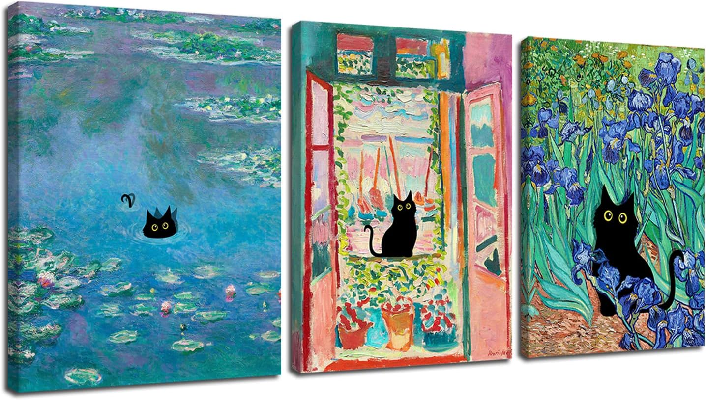 Wall Décor - Roslynity Framed Funny Black Cat Wall Art Set of 3 Canvas Print Artwork Cat Lover Poster Gift Cute Aesthetic Monet Matisse Van Gogh Ready to Hang for Living Room Bedroom Decor (12
