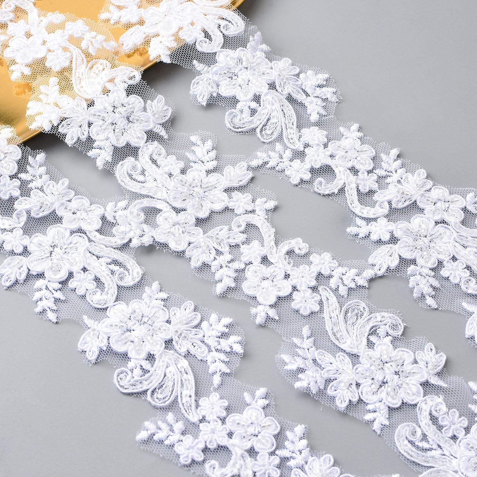 URROMA Flower Shape Vintage Lace Edge Trim Ribbon, 3 Yards Embroidered Applique Sewing Craft Wedding Bridal Dress Embellishment DIY Party Decoration Clothes Embroidery
