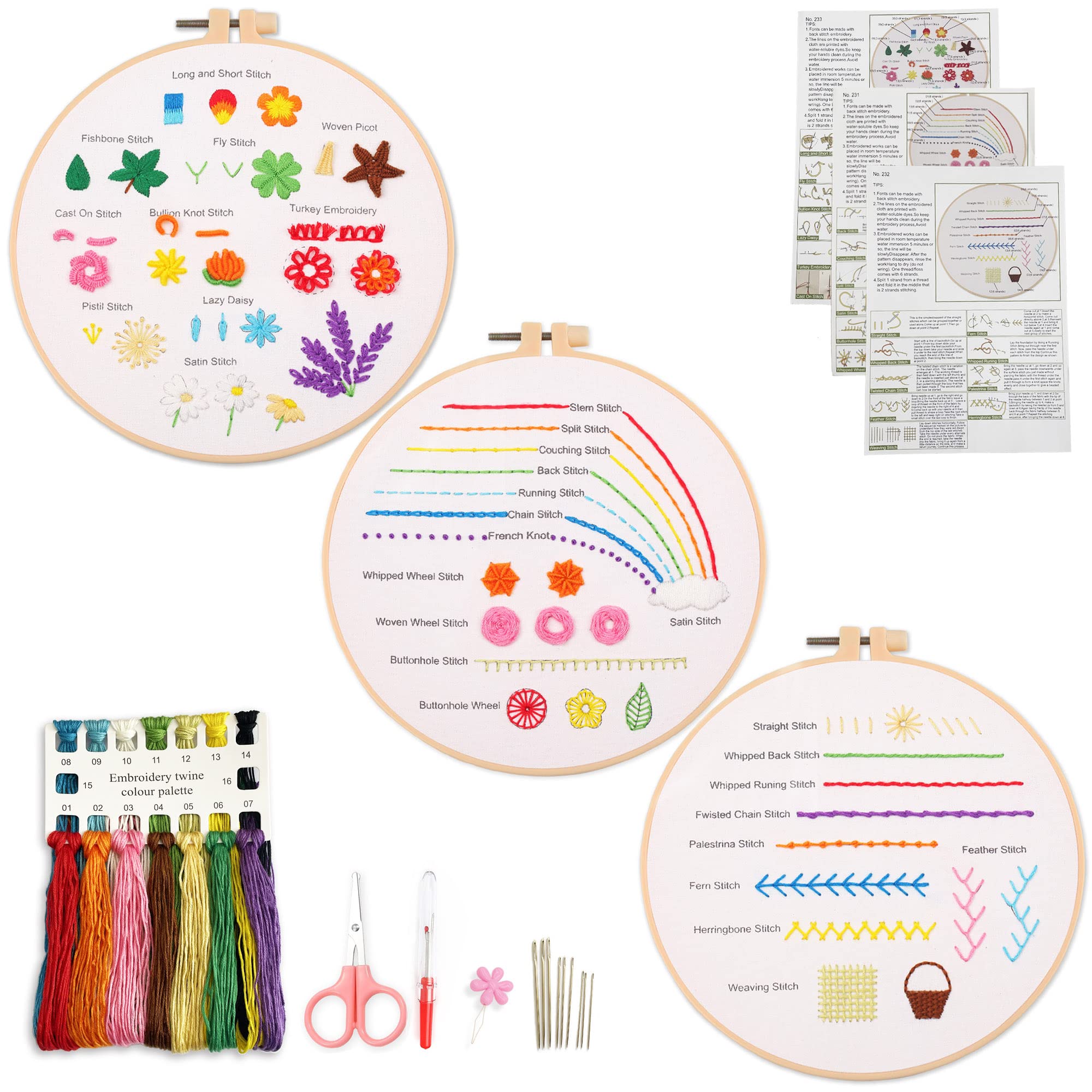 Myfilicity Embroidery Beginners Stitch Practice kit, 3 Embroidery Starter Kits, Learn 30 Different Stitching Techniques for Craft Enthusiasts to Hand-Stitch Fabric and Learn Embroidery Skills — image 1