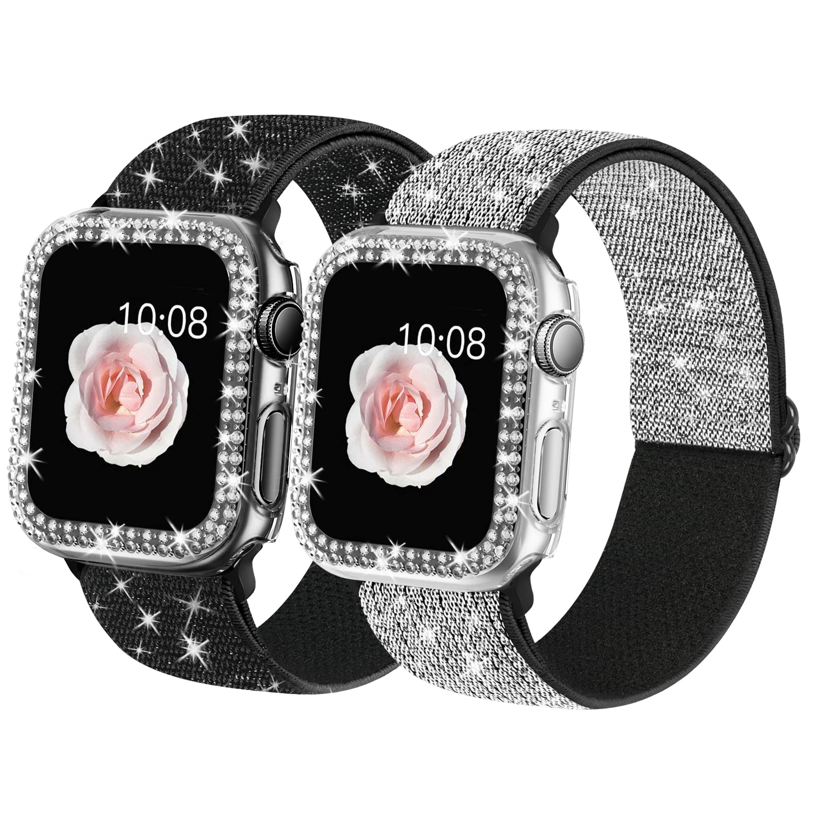 Photo 1 of 2 Pack Bling Stretchy Watch Bands Compatible with Apple Watch Band 40mm 41mm 44mm 45mm iWatch Series 11 10 9 8 7 6 5 4 SE, Adjustable Nylon Wristband with Shiny Case for Women(BS-45mm)