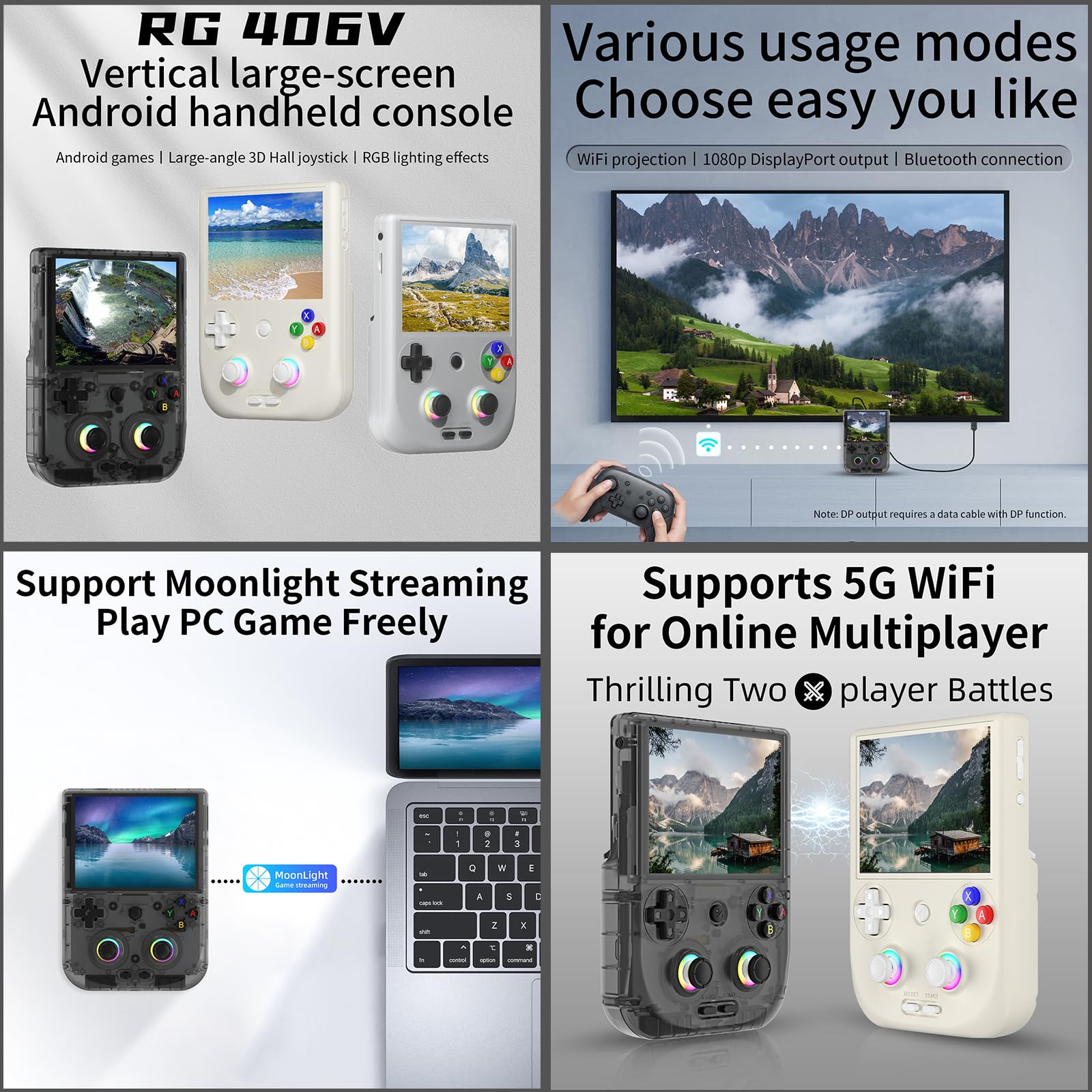 RG406V Handheld Game Console Preloaded Games RG 406V 4-inch IPS Multi-touch Screen Retro Game Console 128G UFS2.2 Android 13 Retro Emulator RG406V 5500mAh Battery 1080p DP Output WIFI Bluetooth Black