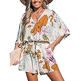 CUPSHE Women's Summer Romper Lace Up Printed Half Sleeves Casual Wide leg Vacation Outfit Mini One Piece Jumpsuit