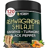 Herbpy 5in1 Ashwagandha Extra Strength with Shilajit for Stamina, Energy & Relaxation Support - Plus Ginseng, Turmeric Root & Black Pepper - 120 Count
