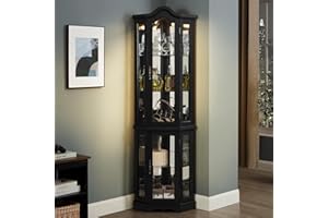 Makaseiya 70" Lighted Corner Curio Cabinet,Inside Mirror Corner Glass Display Case with Tempered Glass Door for Living Room, Antique Collectibles, Wine & Bar Glass Storage, Lights Included
