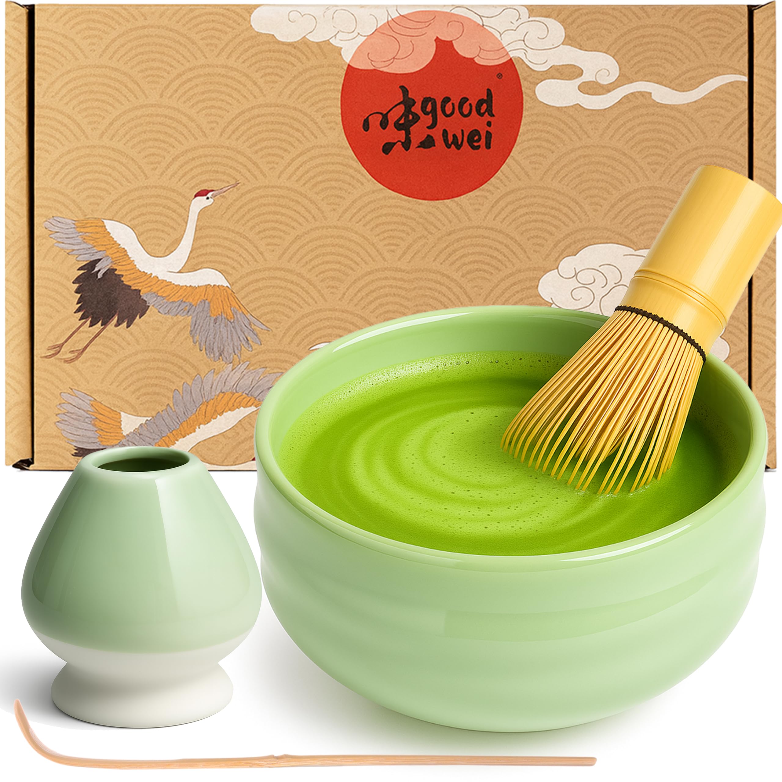 Goodwei Matcha Set with Matcha Whisk, Spoon and Ceramic Matcha Bowl with Whisk Holder in Matching Design | Artisanal Matcha Tea Bowl Chawan | Gift Set (Minto, 80)