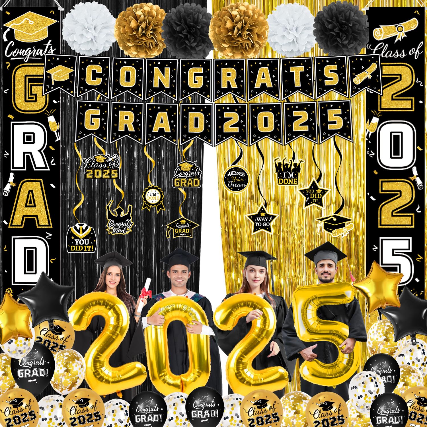 Graduation Decorations Class of 2025, Black and Gold Graduation ...