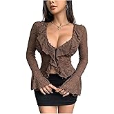 GORGLITTER Women's Bell Sleeve Crop Top Western Vintage Floral Lace Ruffle Button Up V Neck Going Out Blouse Shirt