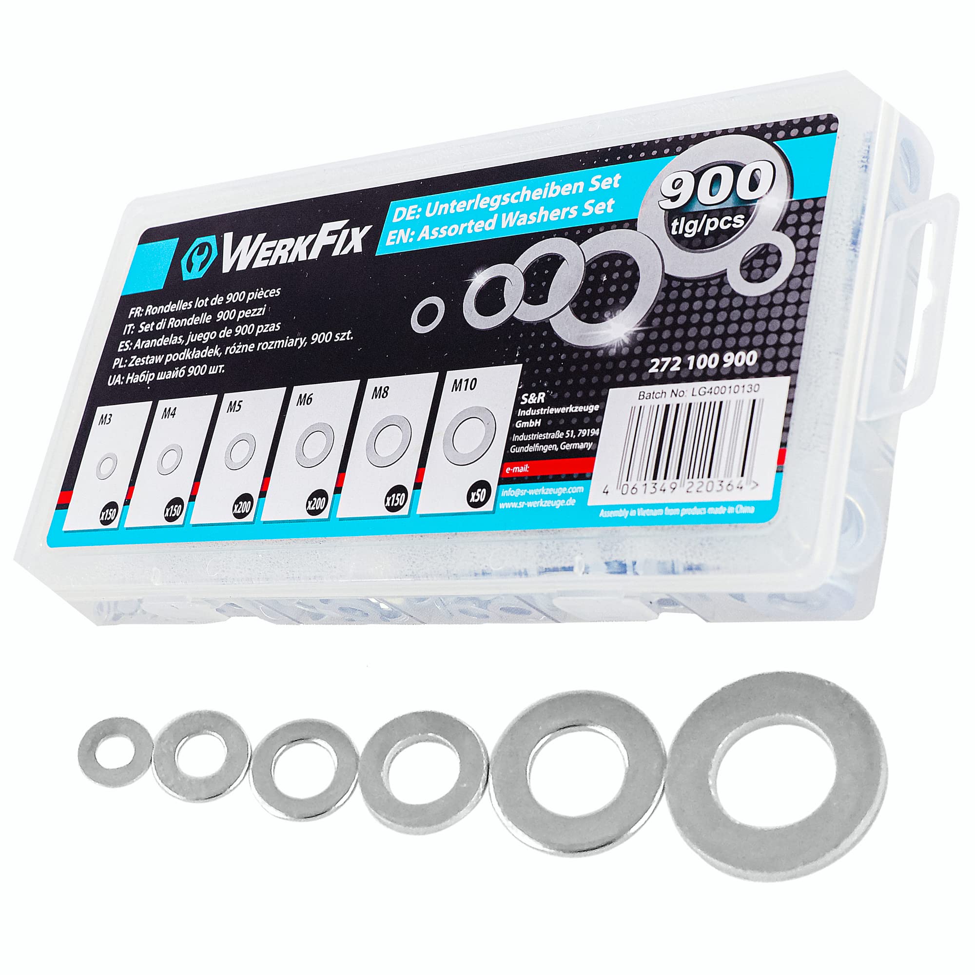 S&R WerkFix Flat Washers Set, 900 Piece Assortment, Flat, M3, M4, M5, M6, M8, M10, in Transparent Lockable Box with 6 Compartments