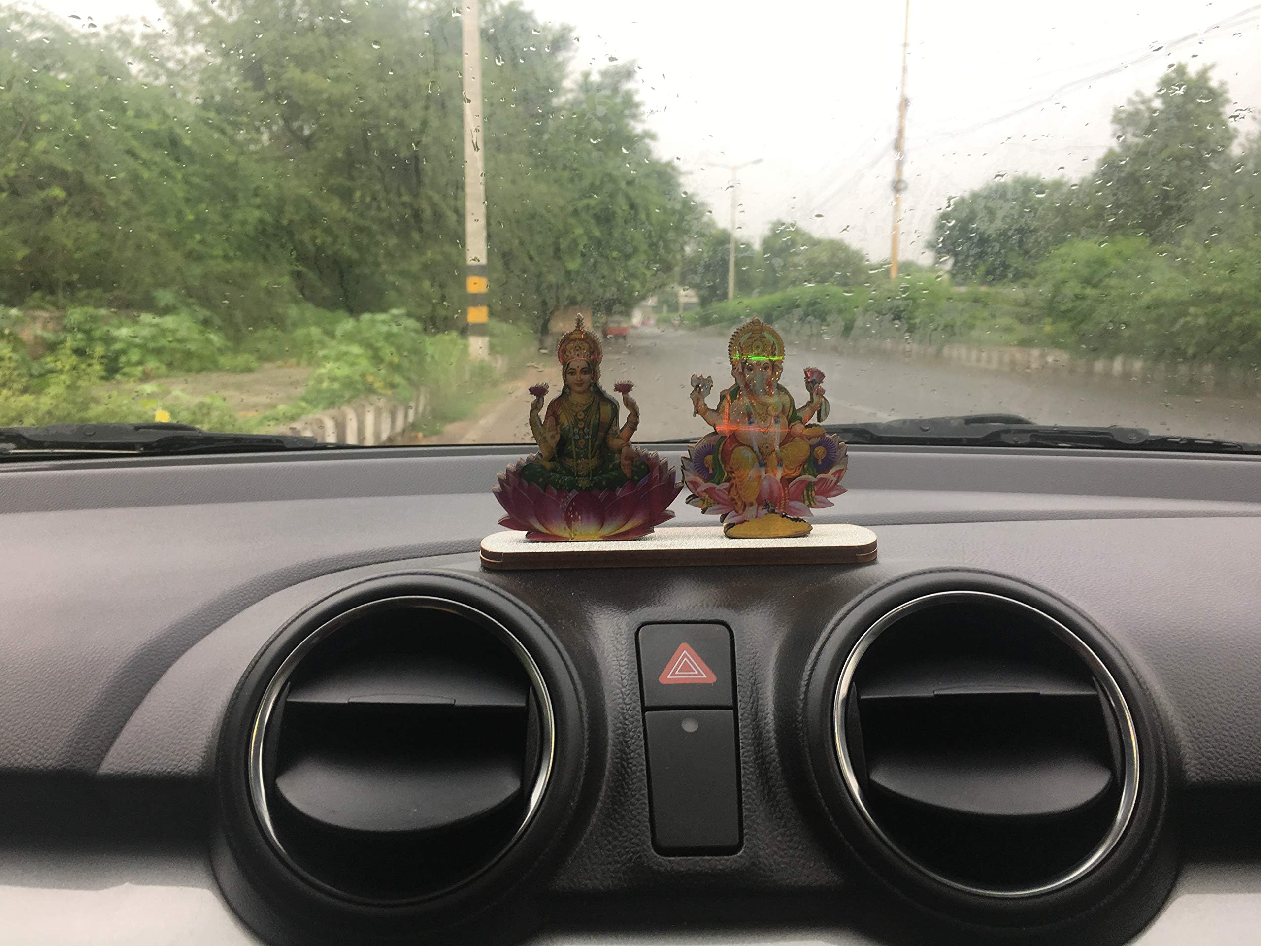 Almoda Creations Ganesh Laxmi ji for Car Dashboard with 3D Rainbow Reflection Art Work on MDF Wooden Base and Body