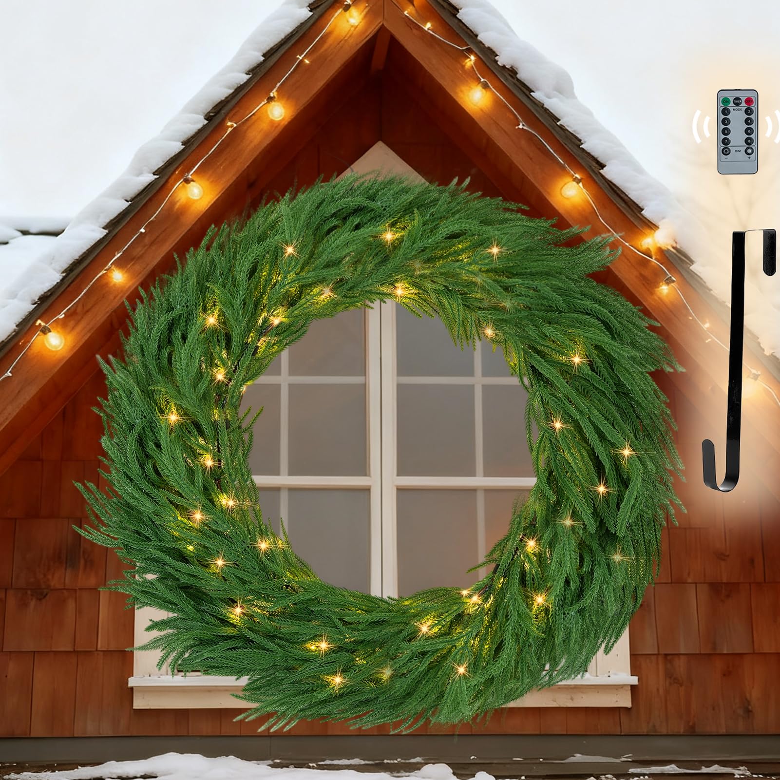 Photo 1 of NUPTIO Large Christmas Wreath with Lights: 36 Inch Prelit Real Touch Norfolk Pine Wreaths with Hook for Outdoor Front Door - Realistic Xmas Decorations 100 LED 8-Mode with Remote Timer for Holiday