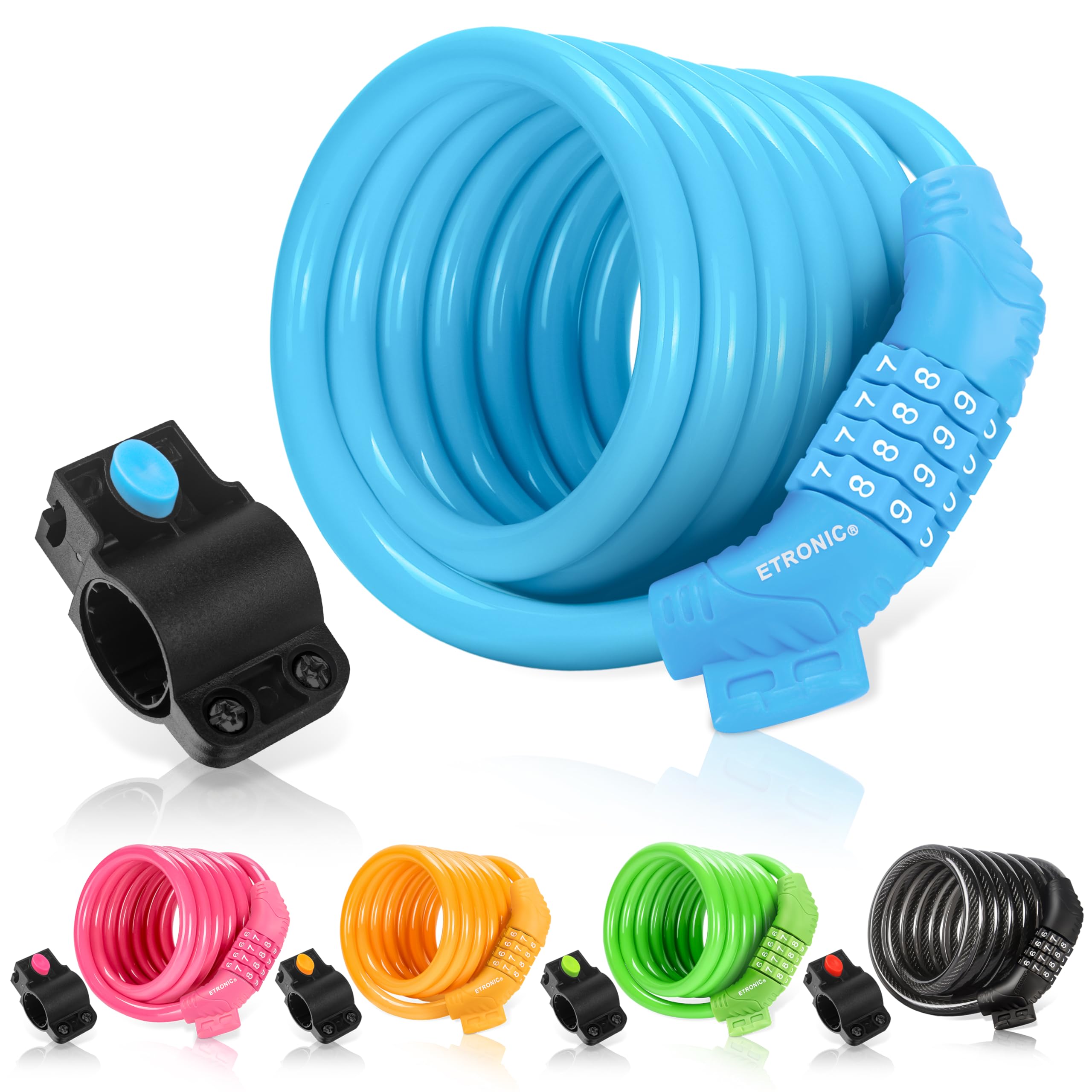 Etronic Security Bike Lock M6 Self Coiling Resettable Combination Lock Bike Cable Lock, 6-Feet x 3/8-Inch, Blue