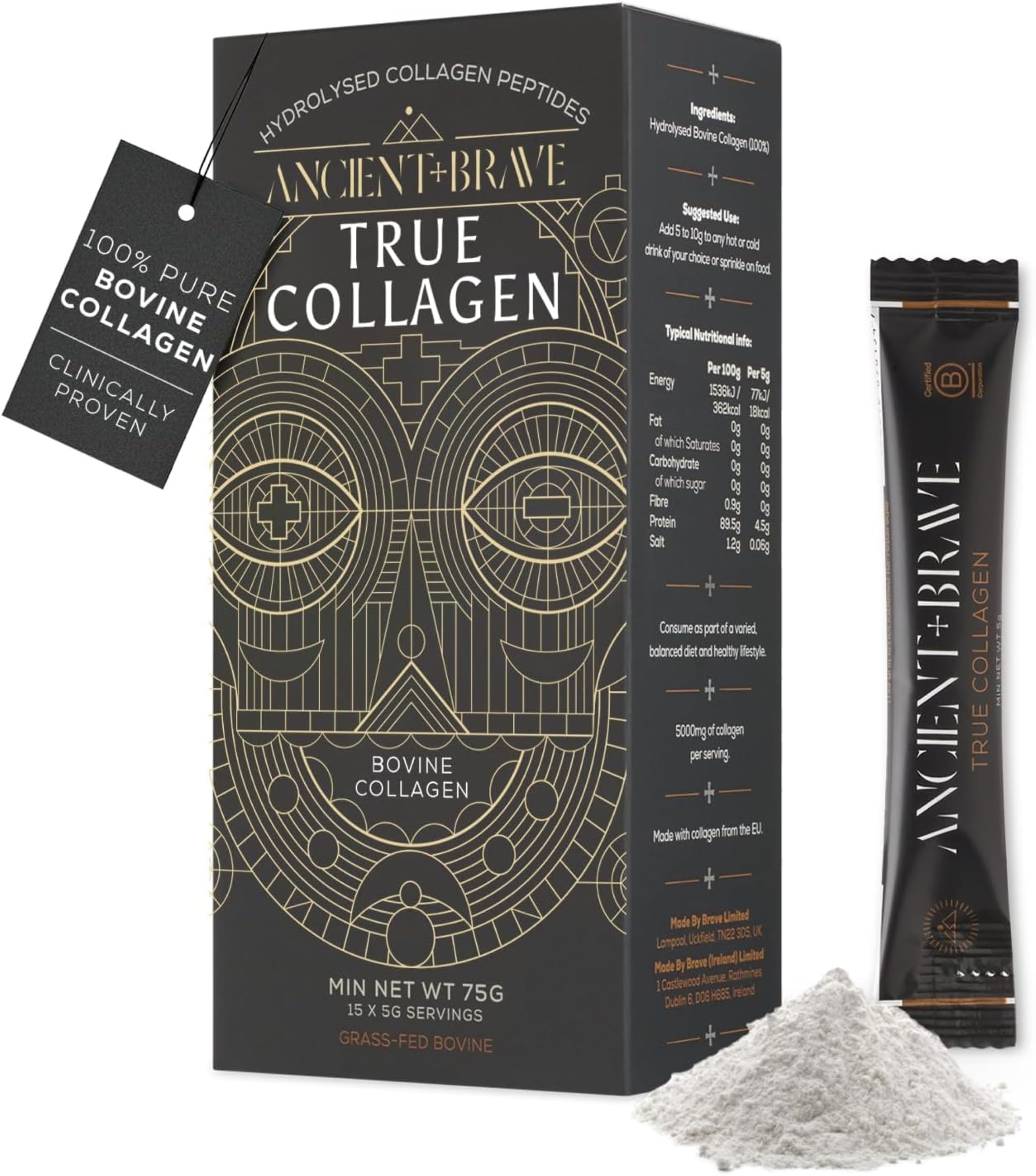 Ancient + Brave True Collagen Sachets 15 x 5g - Bovine Collagen Powder - 100% Hydrolysed Collagen Peptides (Type 1) - High Protein - Fasting & Keto Friendly - Neutral Tasting