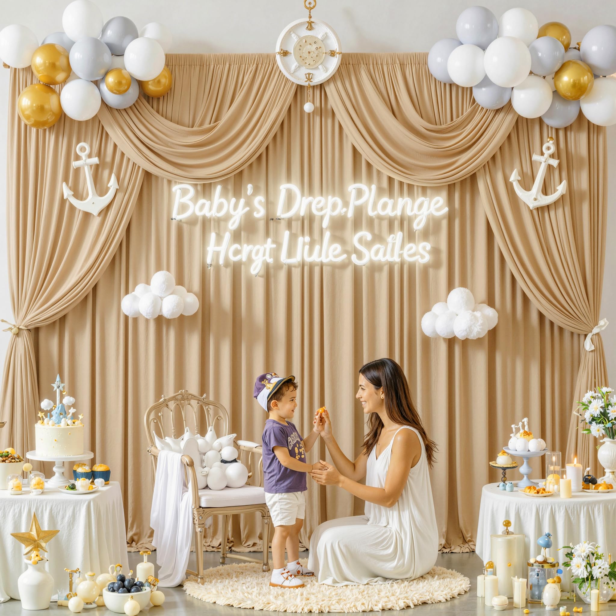 Condition photo showing As Is for 40x8 ft thick champagne backdrop curtain for wedding parties, 8 panels 5x8 ft wrinkle free polyester