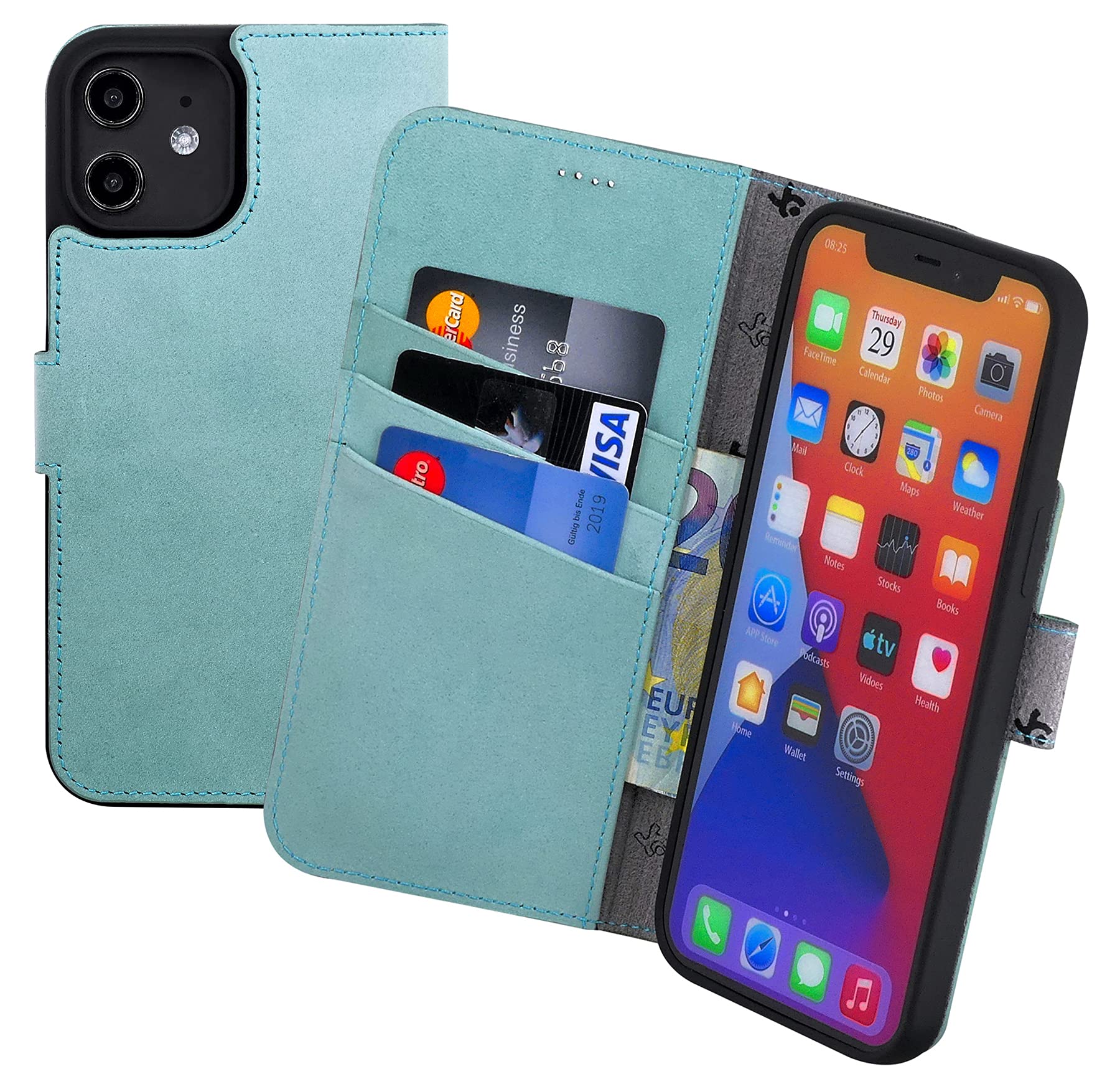 Book-style case compatible with iPhone 12 Mini (5.4") leather case (slim-fit) leather case cell phone case protective case with 3 card slots in antique turquoise