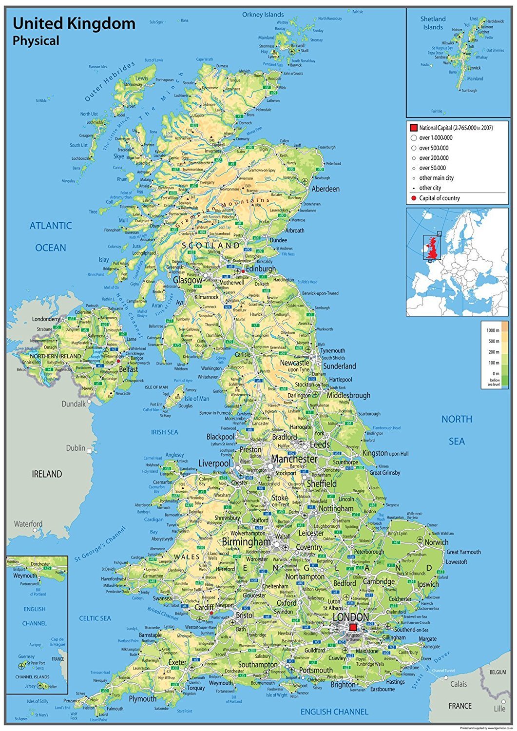 Physical Map of the United Kingdom - Size A2-59.4 x 42 cm - Paper Laminated