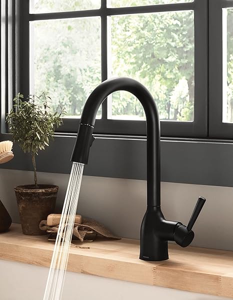 MOEN ADLER MATTE BLACK ONE-HANDLE HIGH ARC KITCHEN SINK FAUCET WITH POWER CLEAN, MODERN KITCHEN FAUCET WITH PULL DOWN SPRAYER, 87233BL