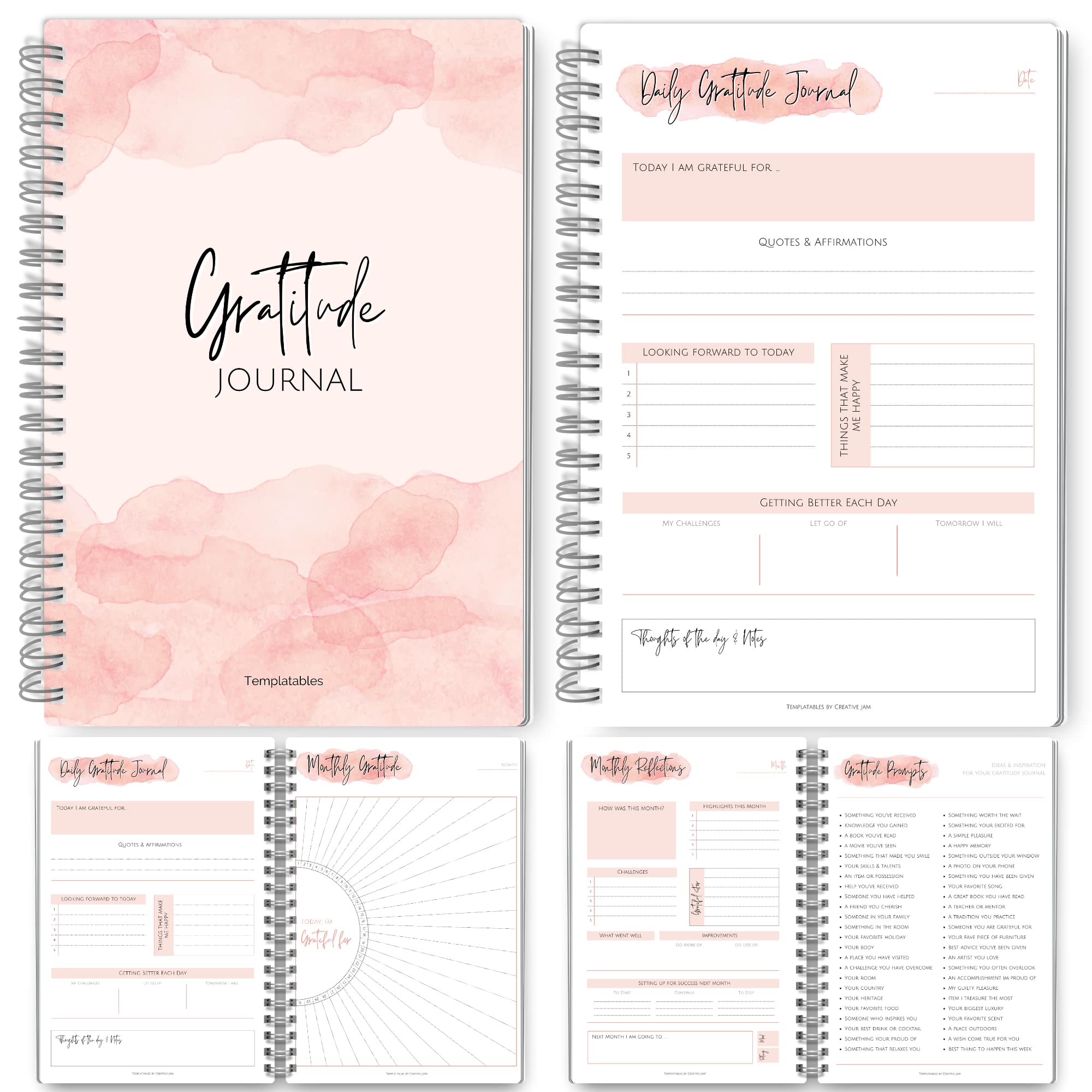 Templatables Gratitude & Mindfulness Journal | Self Care Planner, Positivity Diary, Daily Planner, Gratitude Jar, Wellness, Manifestation Journal - A5 Pink Watercolor — image 1