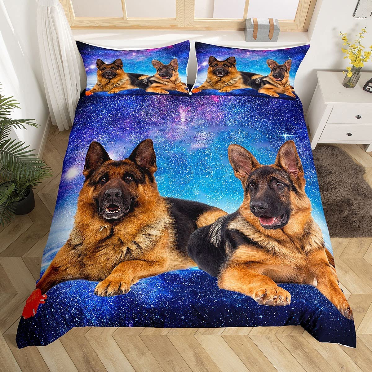 Loussiesd Dog Galaxy Duvet Cover 3D German Shepherd Dog Print Bedding Set Chic Blue Purple Starry Sky Comforter Cover For Boys Girls Women Men Cute Pet Puppy Animal Pattern Double Size Bedspread Soft
