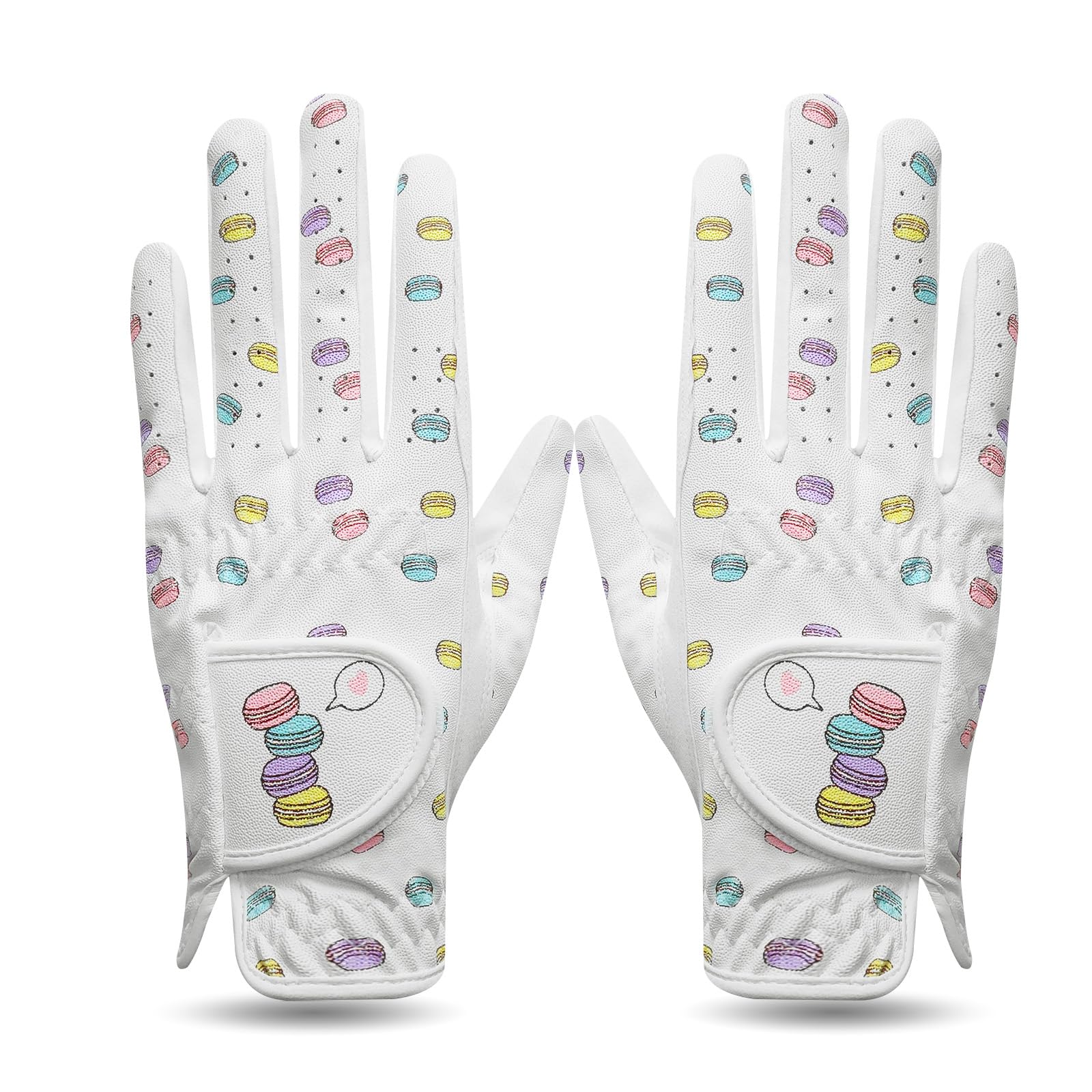 FINGER TEN Womens Golf Golf Gloves Both Hand Microfiber with Macarone Pattern Value Pair,Ladies Golf Gloves Non-Slip Grip Soft Breathable Wear-Resistant White (White, S)