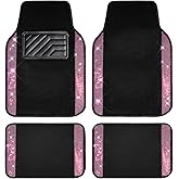 CAR PASS Bling Diamond Car Floor Mat Shining Rhinestones Carpet, Sparkly Glitter Crystal Anti-Slip PVC Heel Pad Automotive Universal Fit for SUV Sedan Car Van, 4pcs for Girl Cute Women, Black Pink