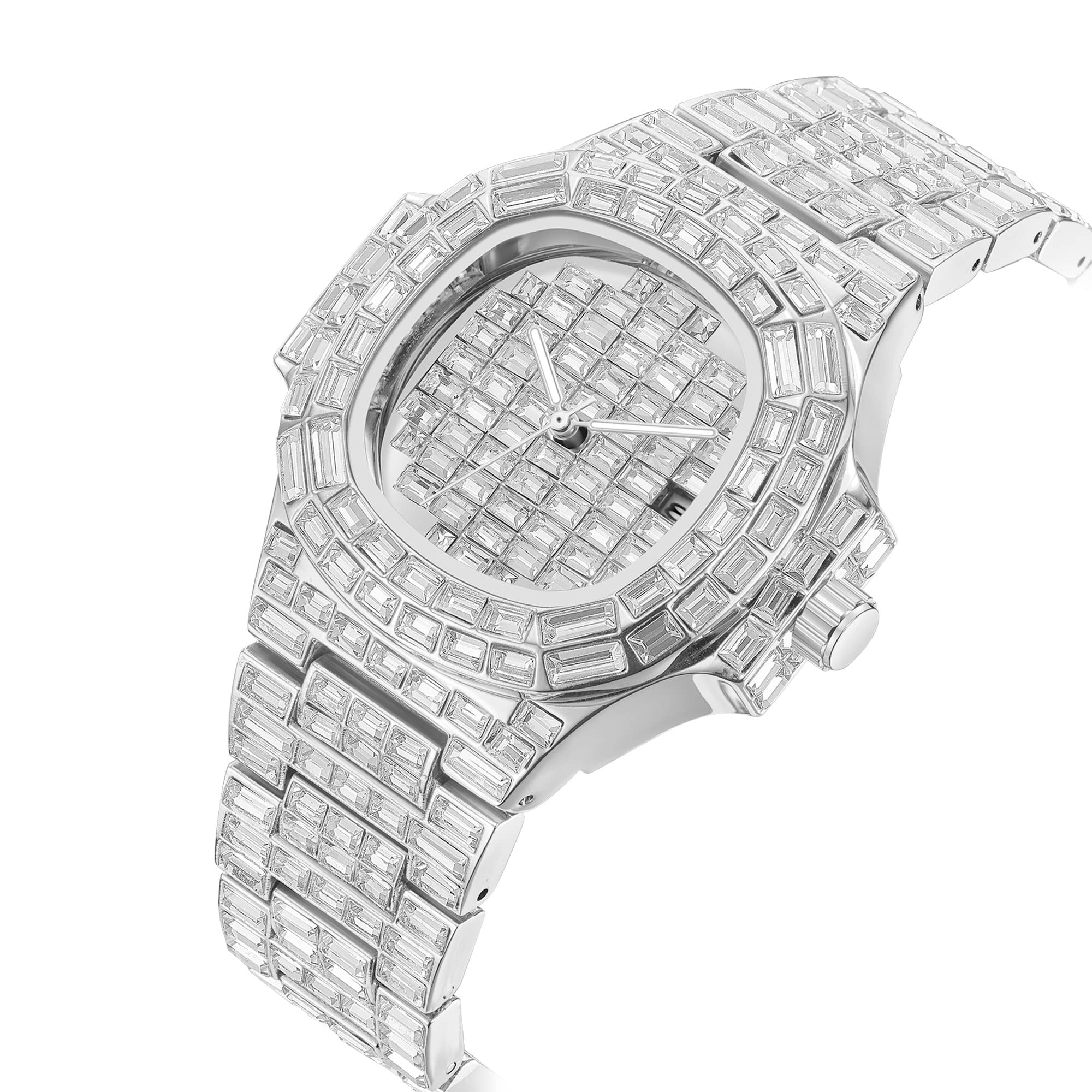 DROCUAMGOYA Top Bling Luxury Men Diamond Watch Full Iced Out Baguette Quartz Analog Date Wrist Watch Stainless Steel Waterproof Watches Hip Hop Rapper (Silver)