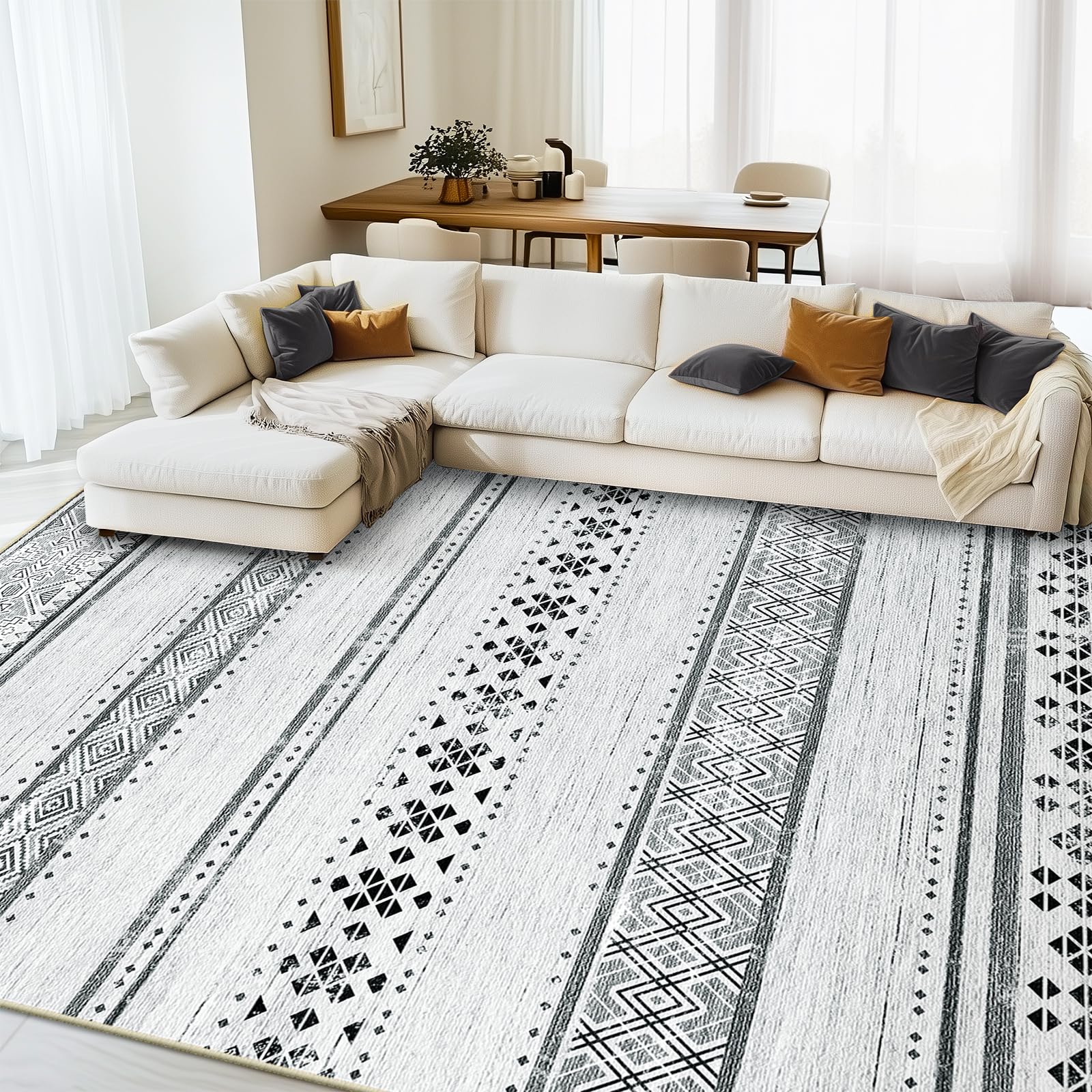 Photo 1 of BESTSWEETIE 8x10 Area Rugs for Living Room Washable Moroccan Farmhouse Neutral Geometric Low Pile Non-Slip Soft Print Pattern Rug for Bedroom Kitchen Dining Room Entryway Grey/Black/Navy