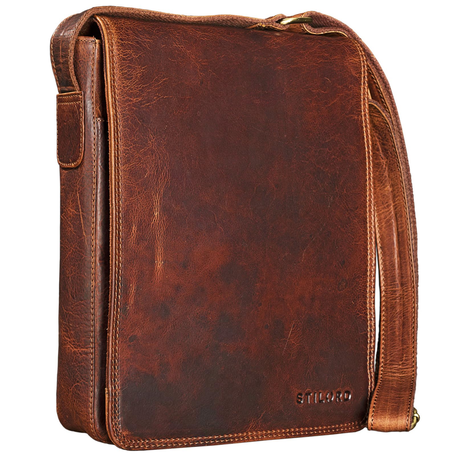 STILORD "Joris" Vintage Messenger Bag Leather Medium Sized Cross-Body Bag/Shoulder Bag/for 10.1 inch Tablets iPad Genuine Vintage Leather Cow Hide Colour:Kara - Cognac
