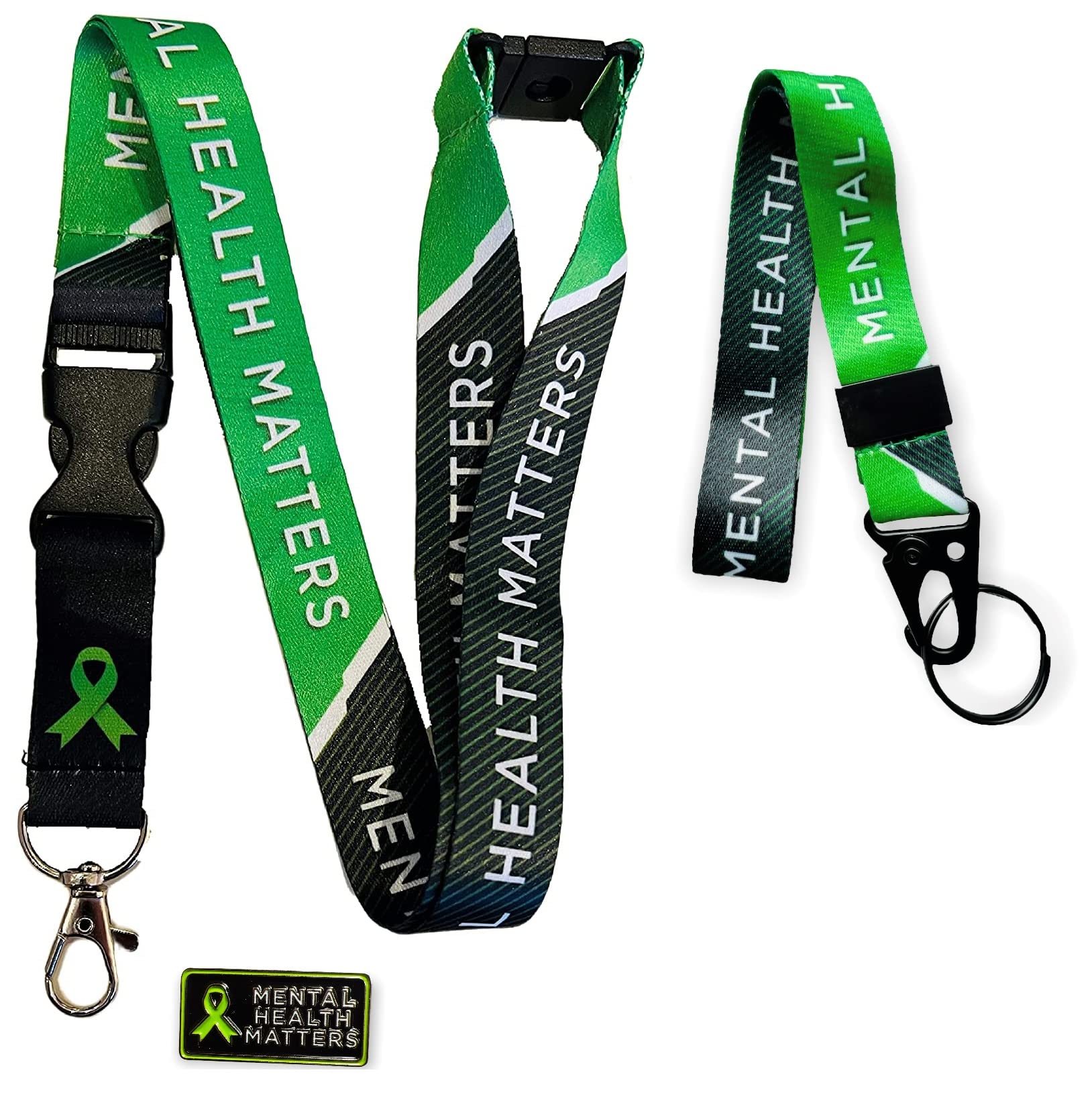 Green Ribbon - Mental Health Matters Awareness Neck Lanyard with Safety Breakaway & Matching Black & Green Pin Badge & Matching Wrist Strap Lanyard