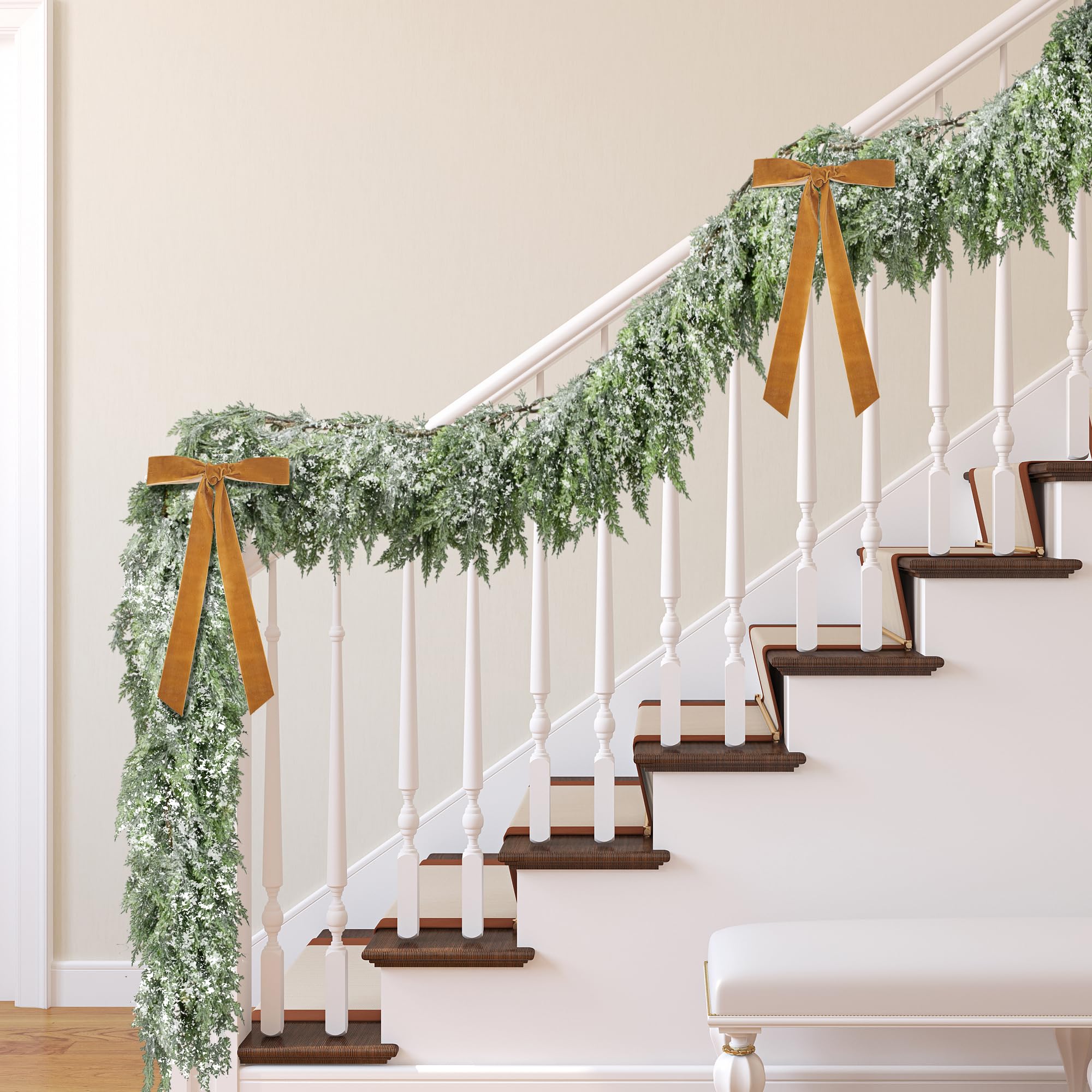 Photo 1 of 2 Pcs Christmas Snow Norfolk Pine Garlands, 6 Ft White Frost Real Touch Artificial Greenery Garland, Faux Snowy Pine Cedar Garland Ornaments for Mantle Fireplace Table Indoor Outdoor Xmas Decoration