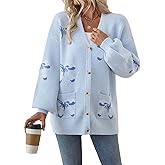 Libsorge Womens Valentine Bow Pocket V Neck Cardigan Sweaters Spring 2026 Oversized Cute Button Pocket Long Sleeve Sweaters