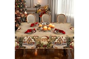 Rectangle Christmas Tablecloth, Printed Santa & Snowman Decorative Tablecloth, Washable and Stain Resistant Rectangular Picni