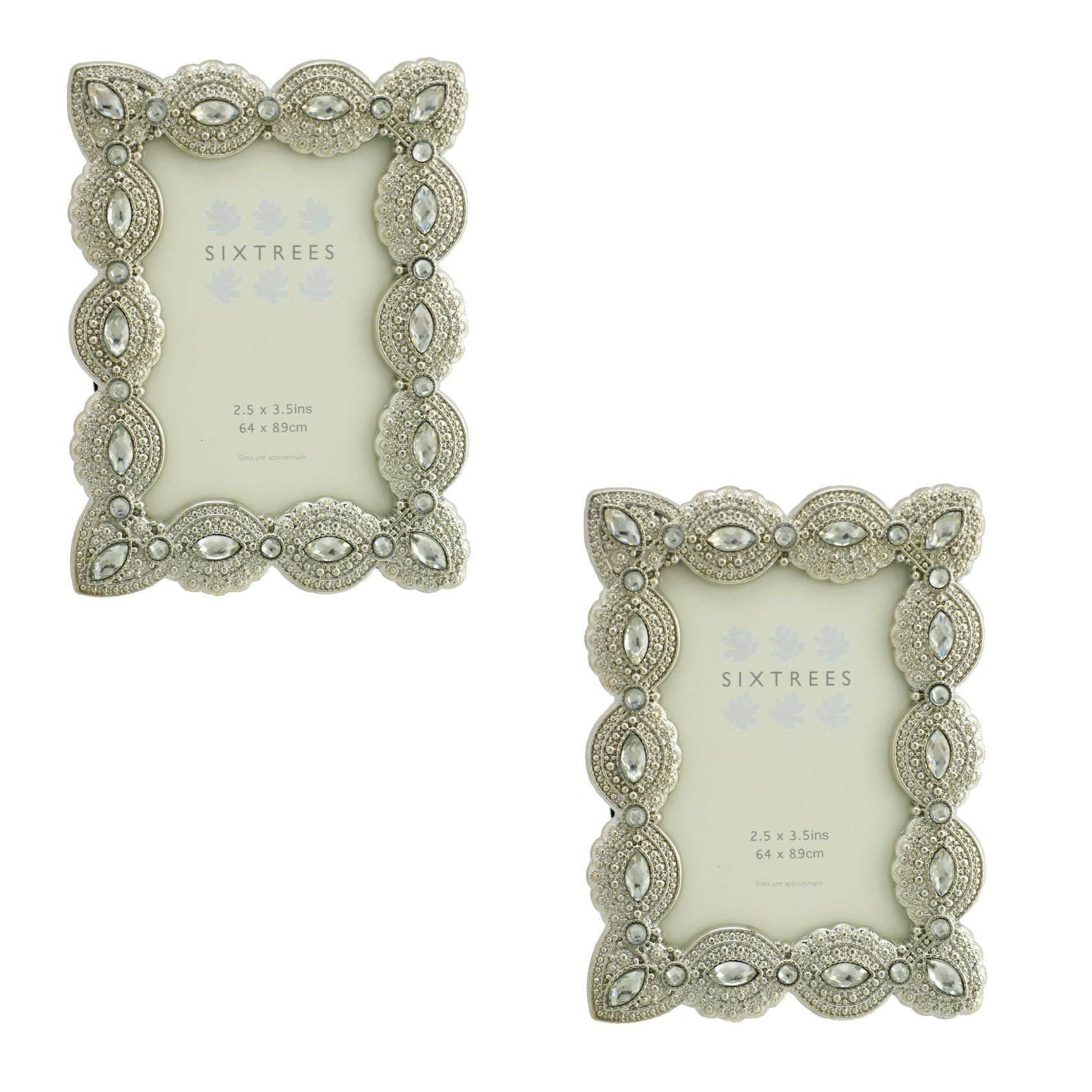 Sixtrees A Twinpack of Antique Vintage and Shabby Chic Style silver metal photo frames with beads and crystals for a 3.5" x 2.5" (64 x 89mm) picture -Cecilia