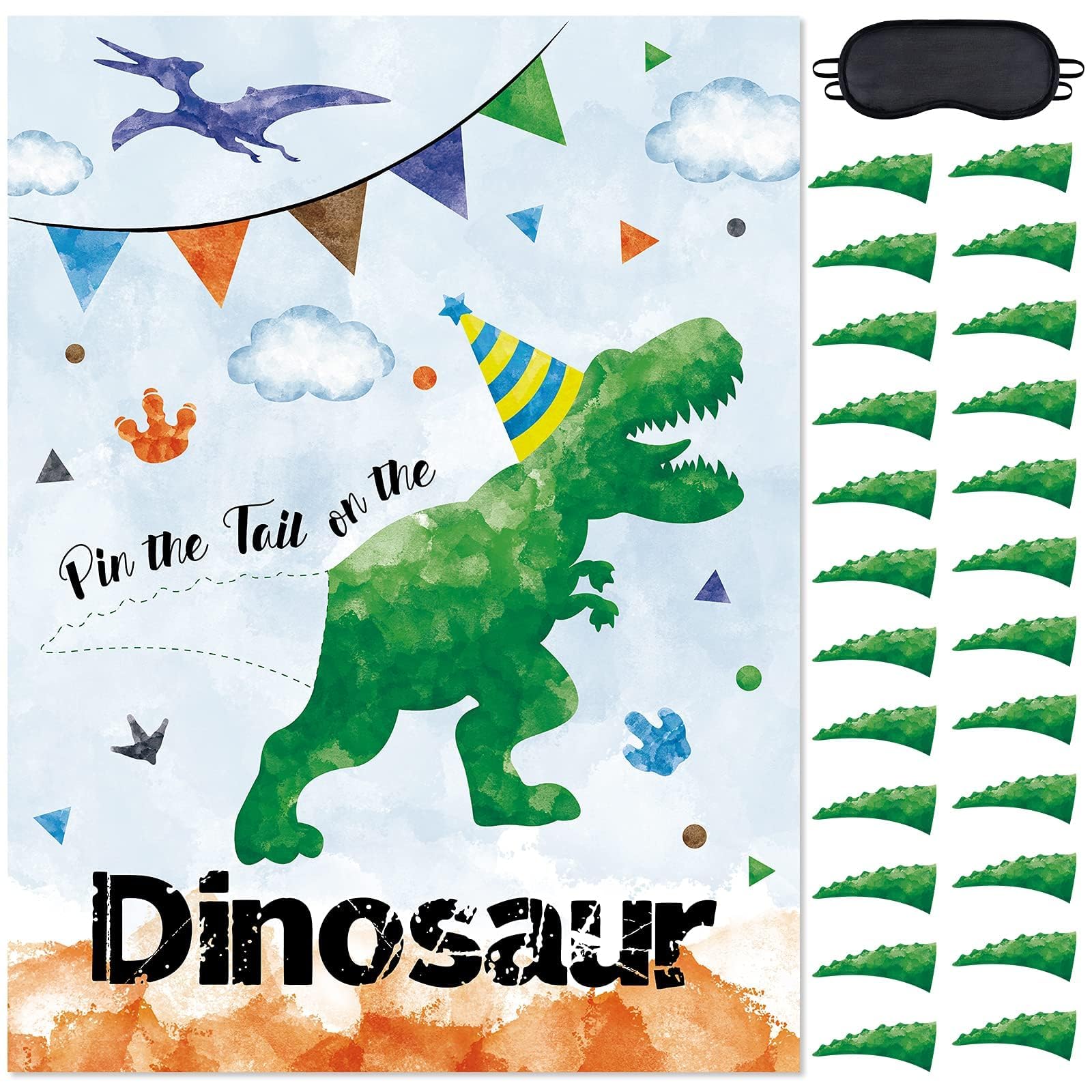WERNNSAI Pin the Tail on the Dinosaur Party Game - 51×73cm Dinosaur Party Games for Kids Boys with 24 PCs Tails Watercolor Dino Birthday Party Supplies for Wall Home Room Decorations