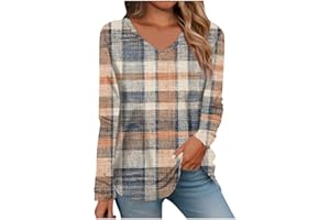 AMXYFBK Tops for Women Long Sleeve V Neck Retro Printed Loose Fit Tunic T Shirts 2024 Summer Fashion Cute Tee Blouse