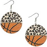 Sports Game Ball Football Basketball Wooden Leopard Print Drop Earrings for Women Holiday Round Baseball Soccer Volleyball Dangle Earrings Fans Players Jewelry-Basketball