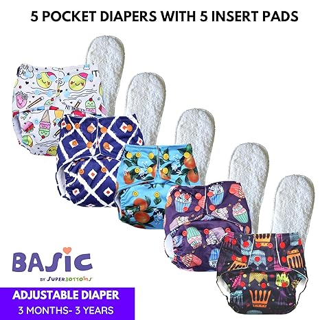 superbottoms Pack of 5 Soft Fleece Lined Pocket Diaper with 5 Wet-Free Insert with Snaps (5-17 Kg)