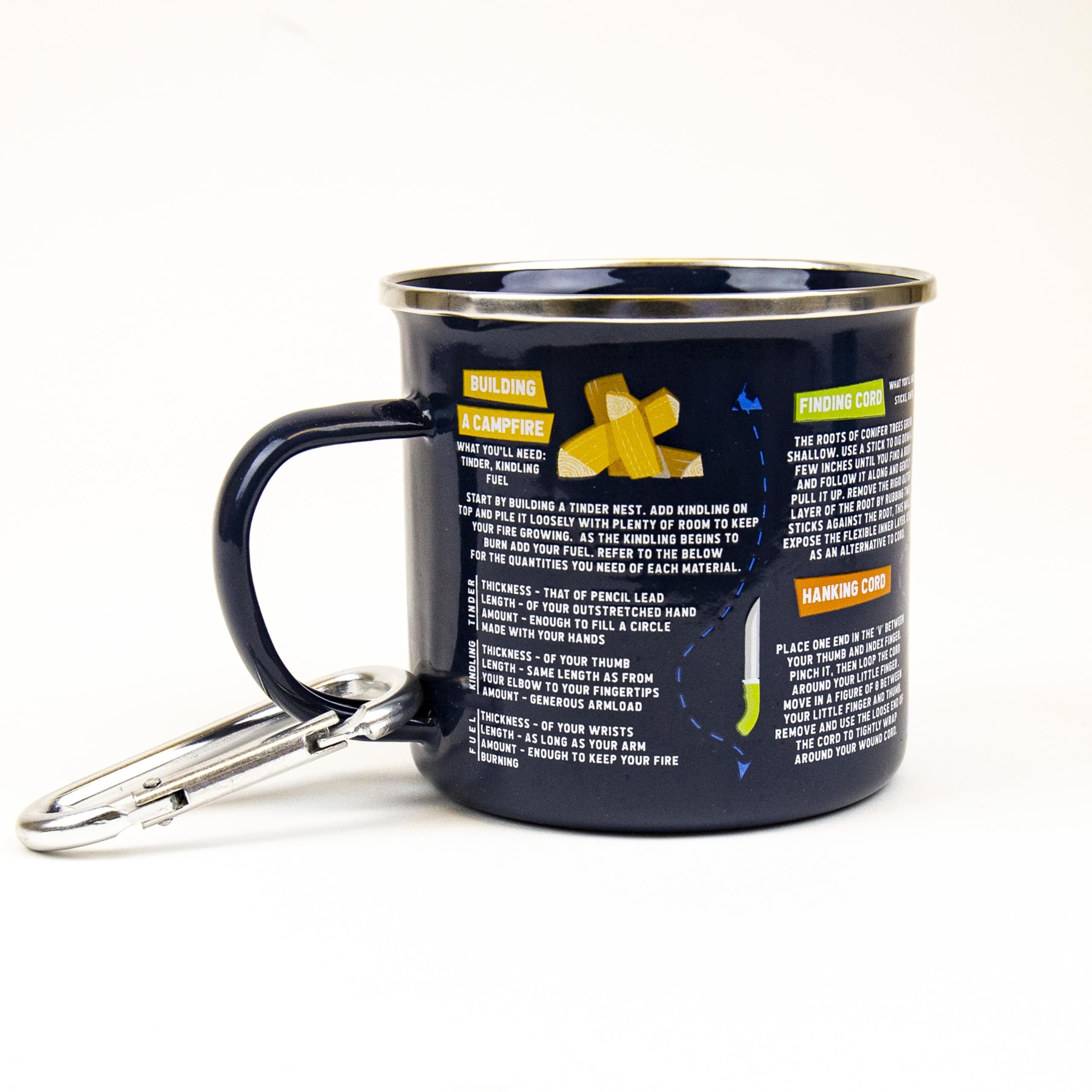 Gift Republic Survival Guide Enamel Mug & Carabiner Outdoor Camping Mug Durable Metal Coffee Cup Hikers Gift Idea Camp Kit Gardening Mug 500 ml