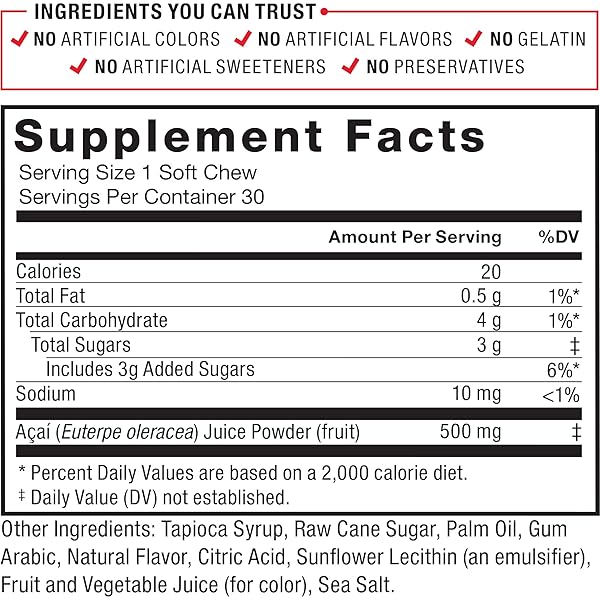 FORCE FACTOR ACAI SOFT CHEWS FOR IMMUNE SUPPORT, OXIDATIVE STRESS DEFENSE, AND DAILY WELLNESS, SUPERFOOD AND ANTIOXIDANTS SUPPLEMENT, NON-GMO, GLUTEN-FREE, AND VEGAN, ACAI BERRY FLAVOR, 30 SOFT CHEWS