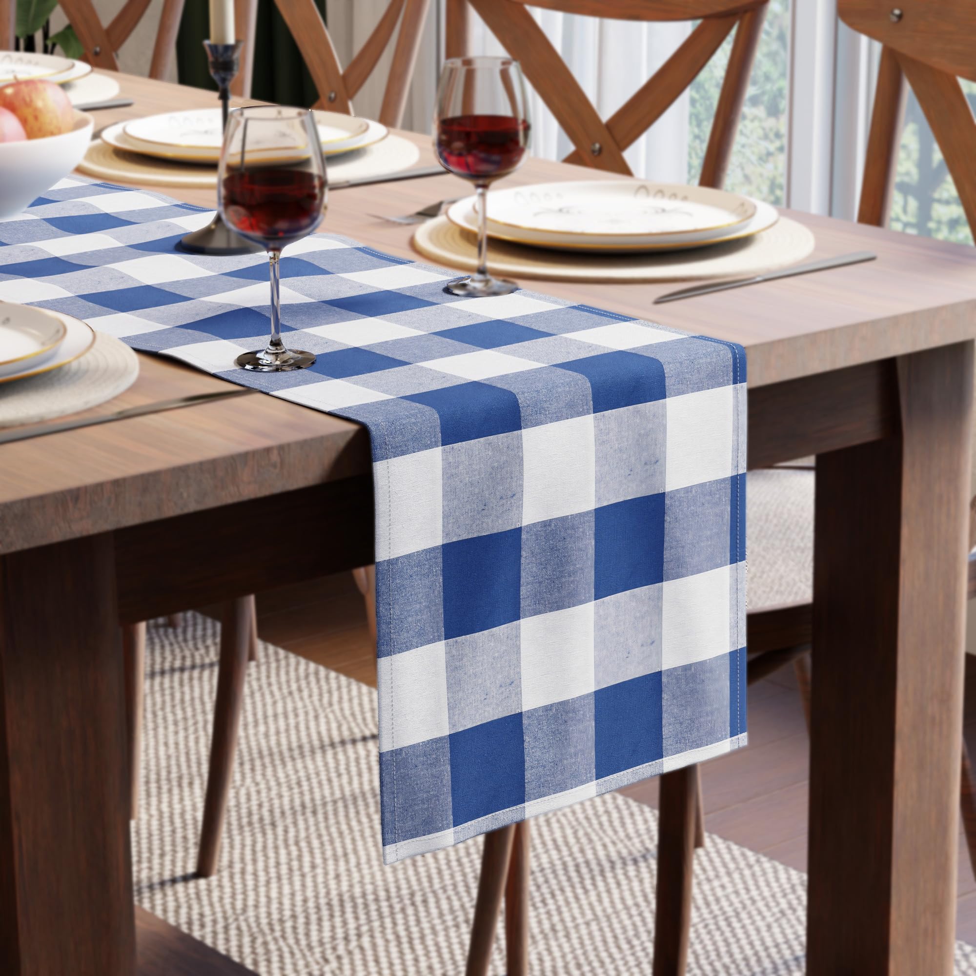 Encasa XO Cotton Dining Table Runner | Buffalo Blue Checks | Size 13x59 in - Machine Washable & Durable