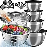 Nicdiet Mixing Bowls with Lids Set, 16PCS Stainless Steel Mixing Bowls,Nesting Storage Bowls for Kitchen with Mixing Bowl, Colander, Strainer & Grater, Metal Salad Bowl for Kitchen Gadgets, Black