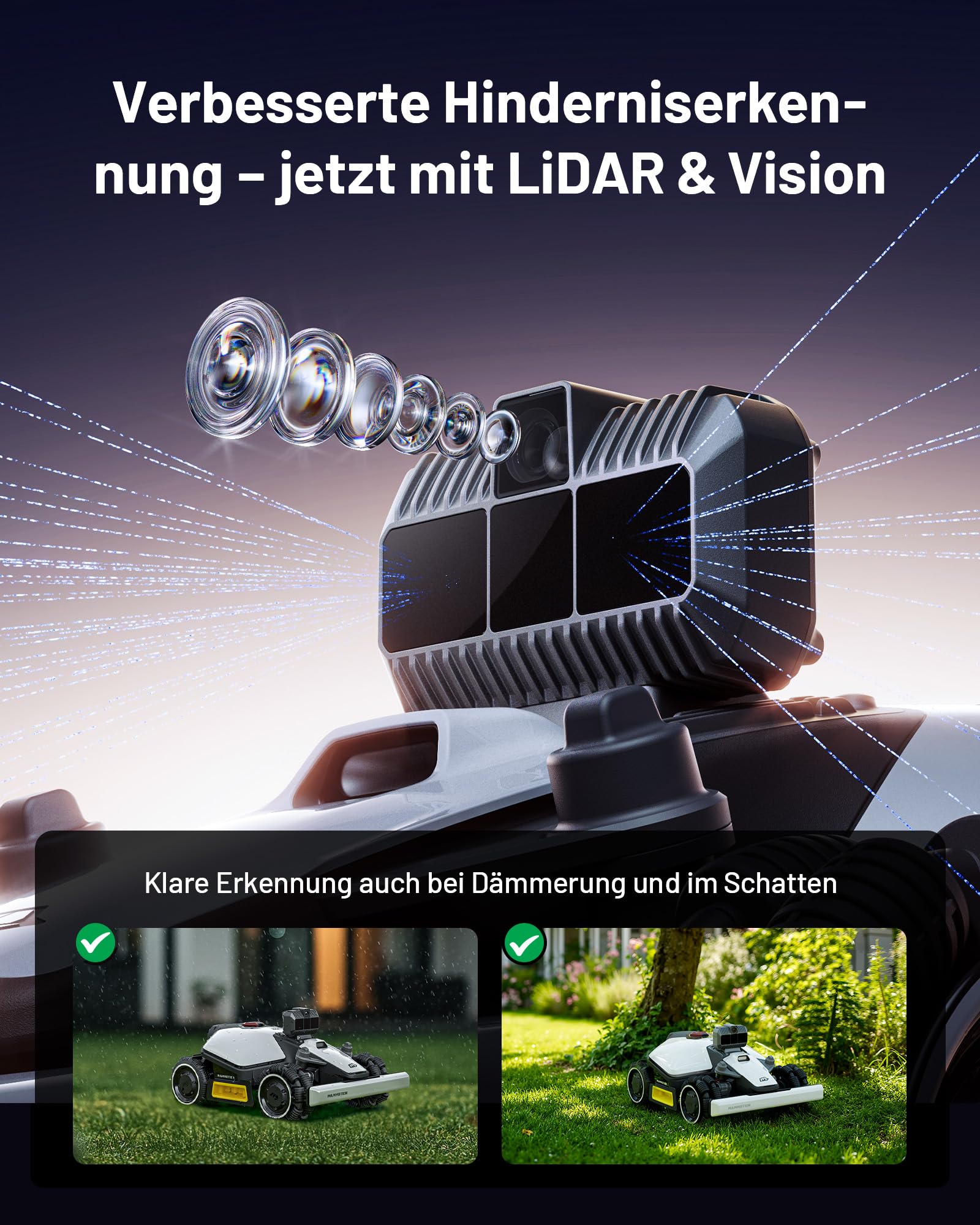 MAMMOTION LUBA mini AWD LiDAR Mähroboter ohne Begrenzungskabel & RTK-Antenne für 1500 m², 3D LiDAR+NetRTK+AI Vision Triple-Fusion, AWD 80% Steigung, Automatische Kartierung, 3 Jahre Gratis-4G 9