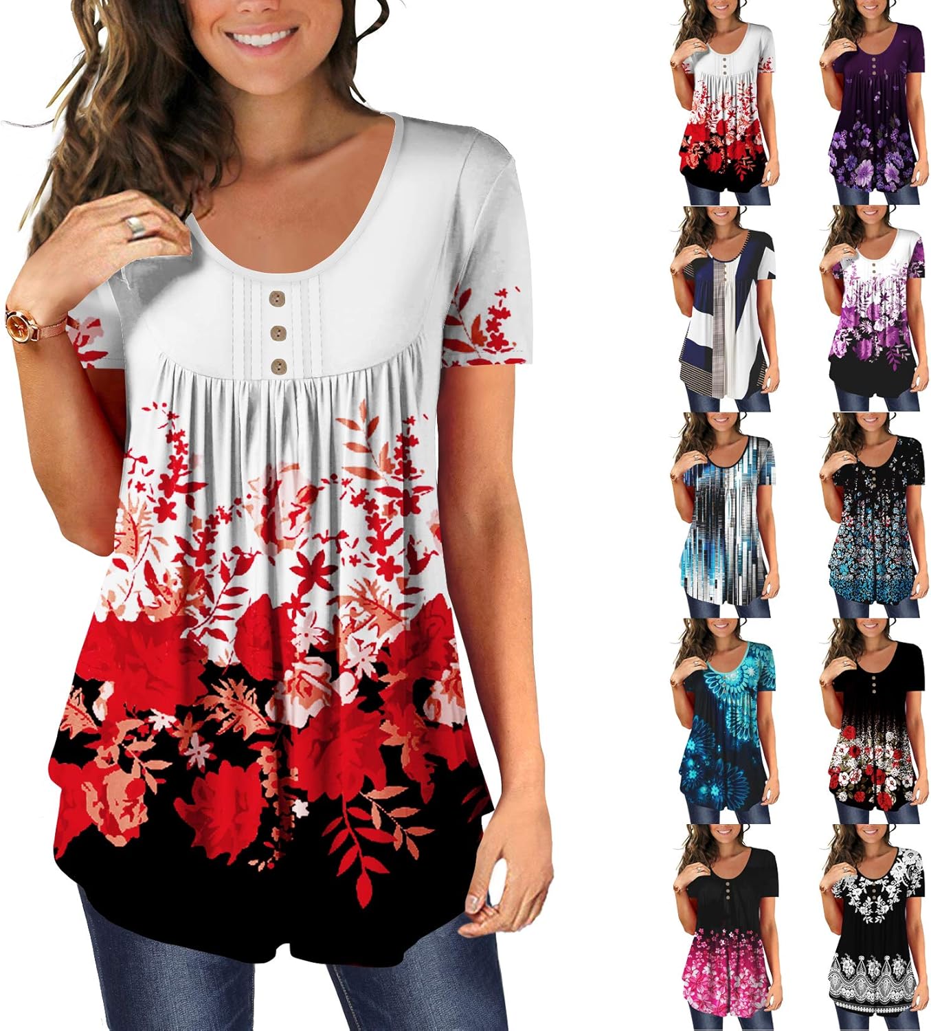 BeadChica Women's Tunic Tops For Leggings Short Sleeve Shirts Botton Up Casual Ruched Blouses Clothing: Clothing