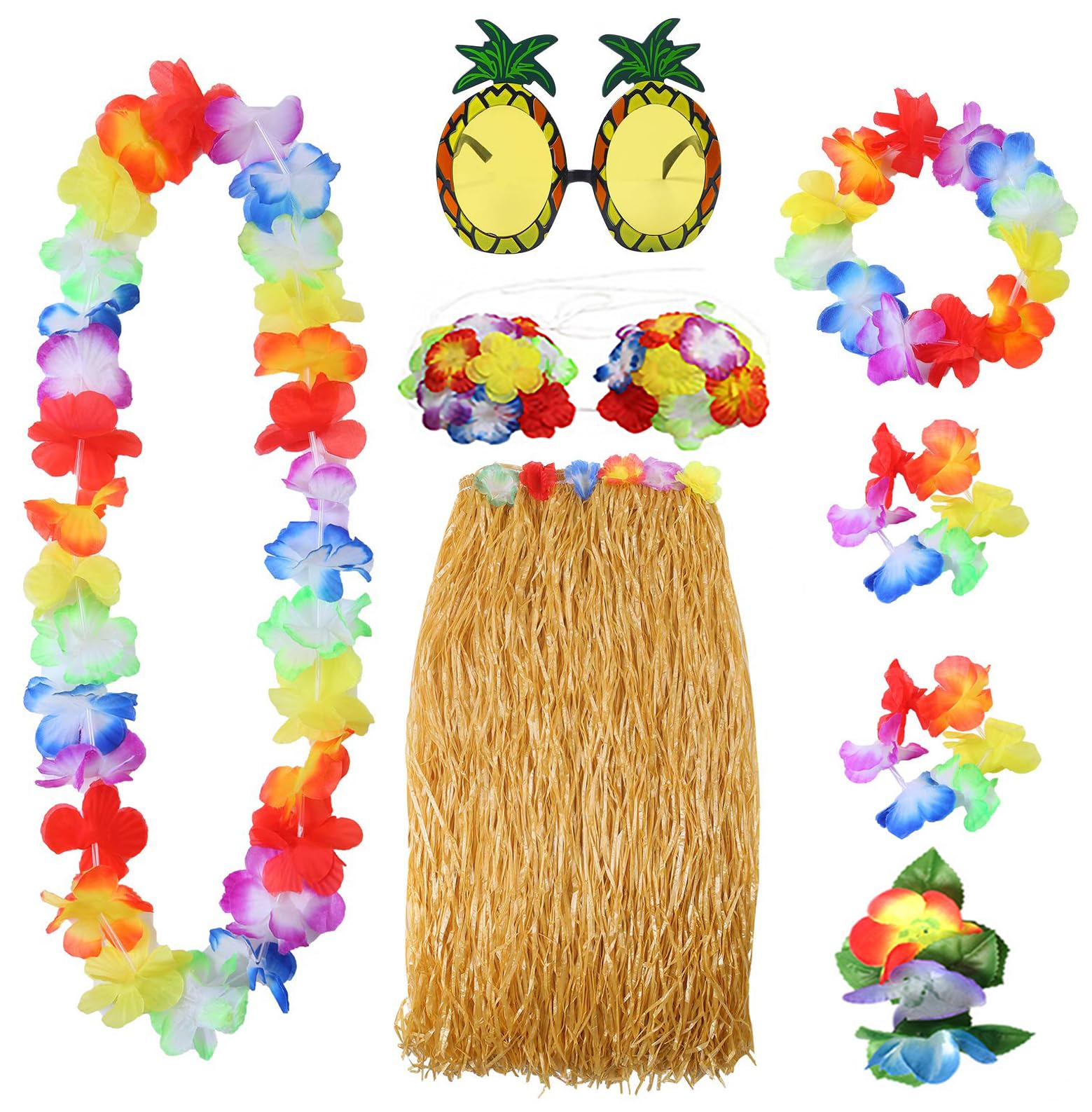 Yowlens 8PCS Hawaiian Hula Grass Skirt Costume Accessory Kit with Flower Bikini Top, Hawaiian Lei, Hibiscus Hair Clip for Hawaii Luau Party